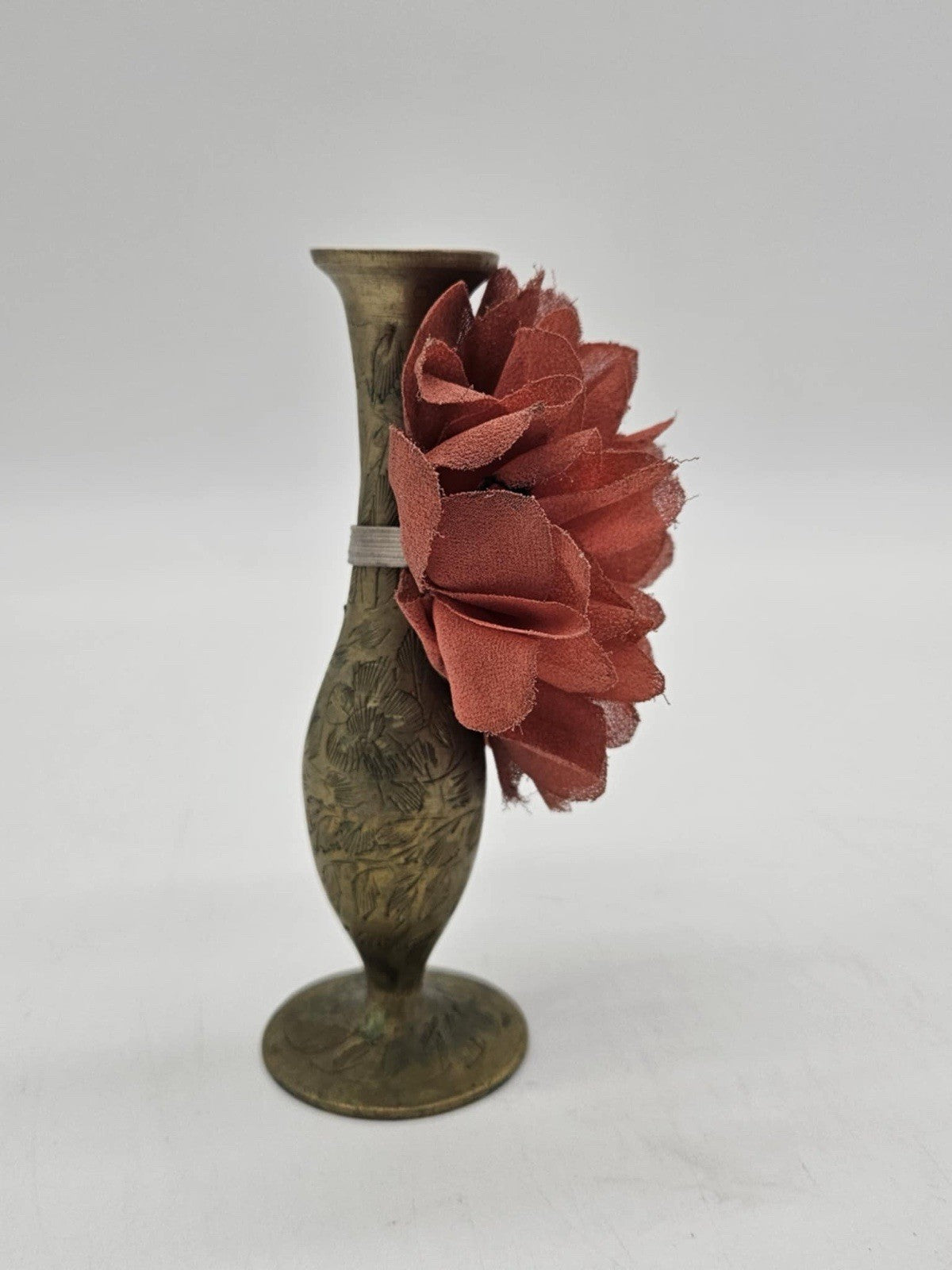 Vintage Indian Etched Brass Vase w/ Flower