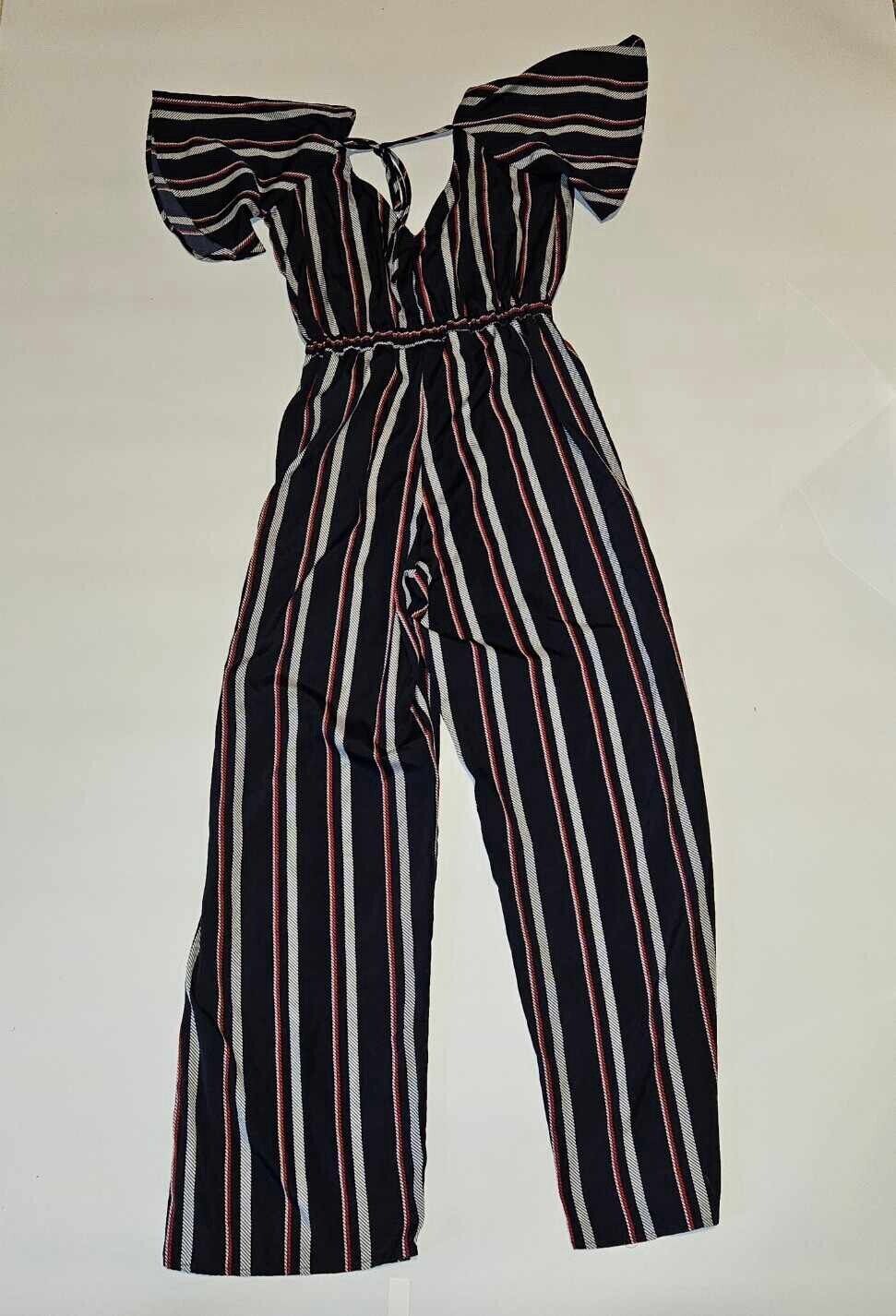 CUTE Blush Women's Navy Blue Striped Deep V Neck Jumpsuit ~ Sz S