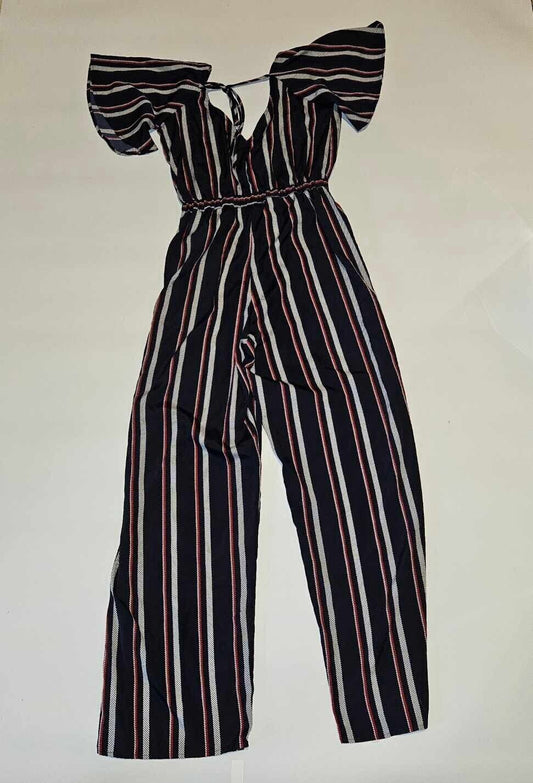 CUTE Blush Women's Navy Blue Striped Deep V Neck Jumpsuit ~ Sz S