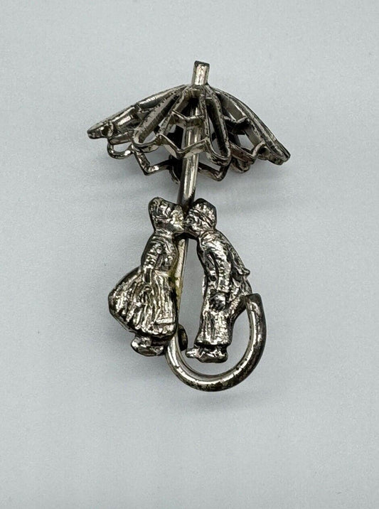 1950s Sterling Silver Umbrella Brooch with Kissing Dutch Couple