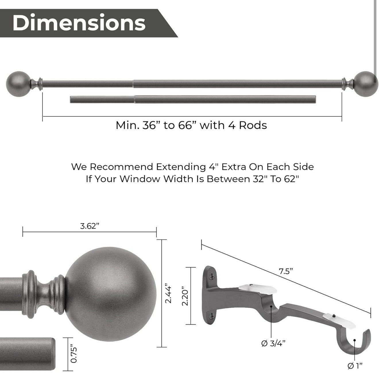 Deco Window 1 Pc 36”-66” Extendable Double Curtain Rod with Bracket