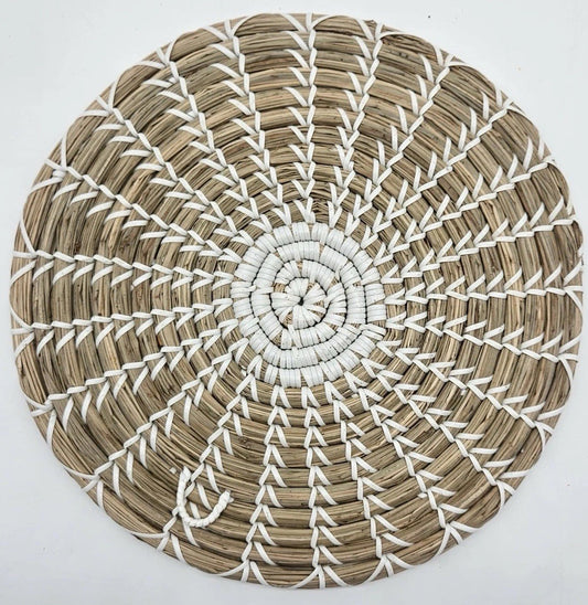 Handwoven Round Seagrass Placemat White Stitch Boho Coastal Decor