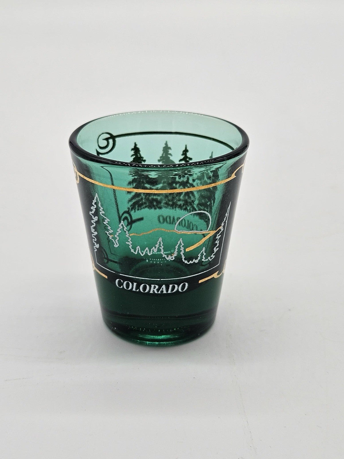 Colorado Green Forest Scenic Souvenir Shot Glass Gold Trim