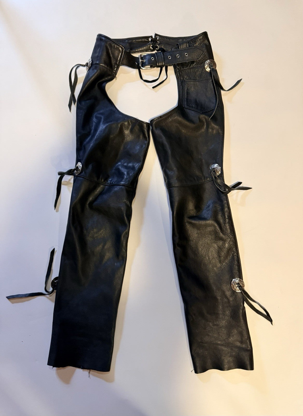 Vintage Black Leather Motorcycle Chaps w Buckle Belt Fringe Detail ~ Sz S