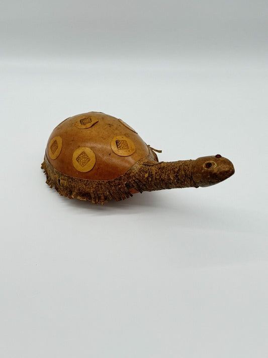 ITALIAN LEATHER WRAPPED GREEN GLASS BOTTLE, TURTLE SHAPED VINTAGE DECOR *RARE*