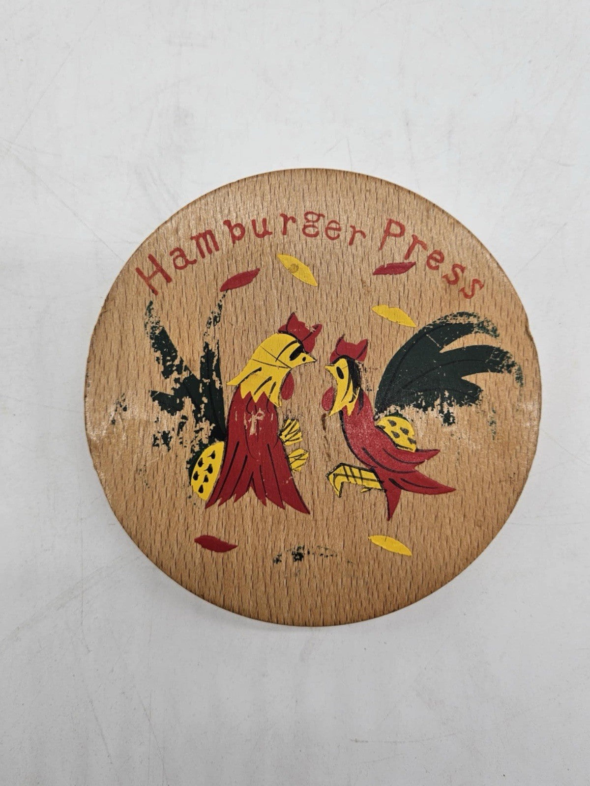 Vintage 50s 60s MCM Cragstan Hand Painted Roosters Wood Hamburger Press Japan