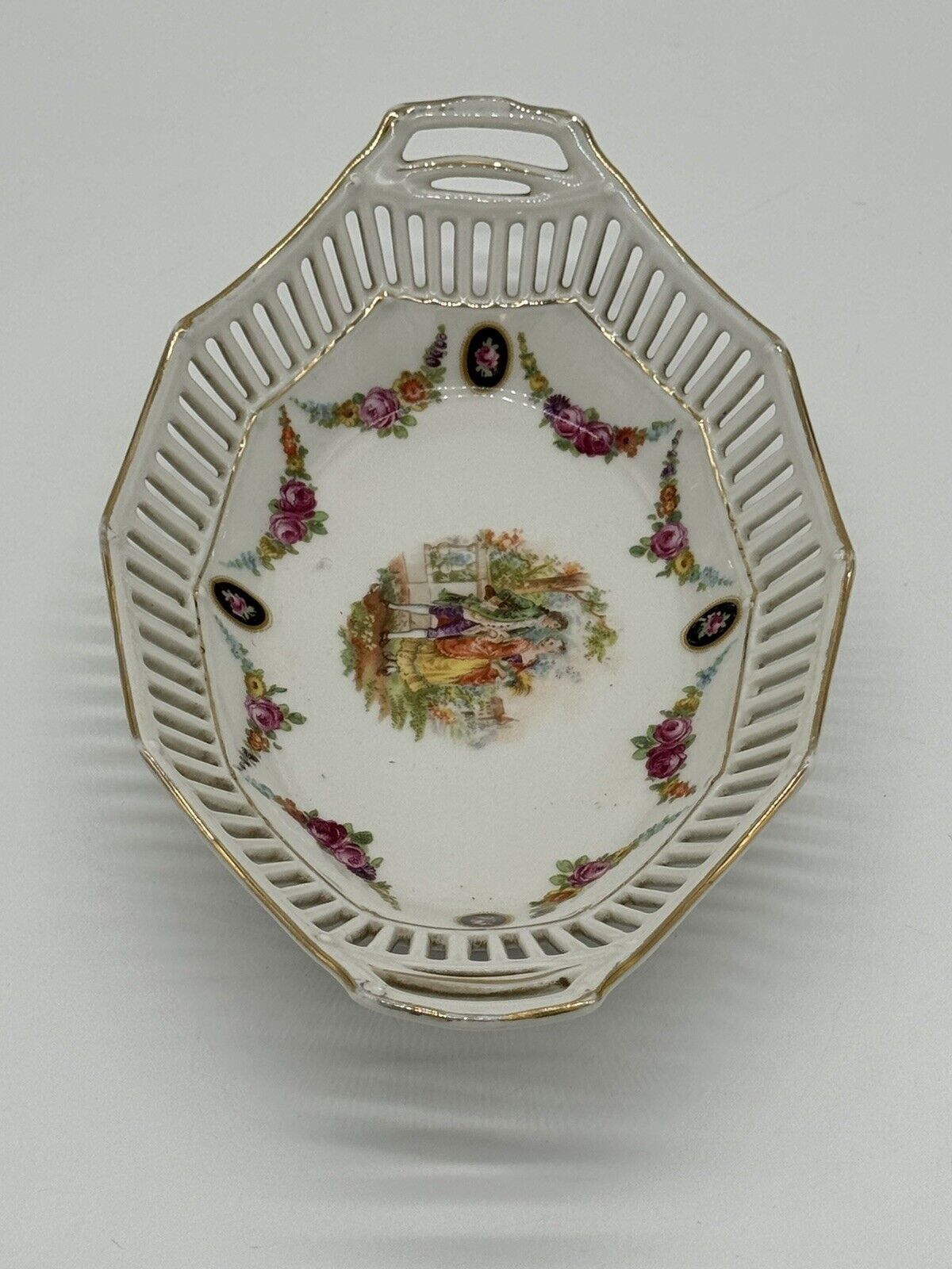 Reticulated German Porcelain Dish White With Gold Trim & Handles Stamped