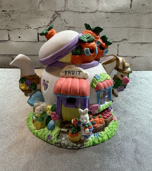 Vintage Kmart Teapot Easter Mock Faux Cottage Bunnies Carrot Bisque VCFG