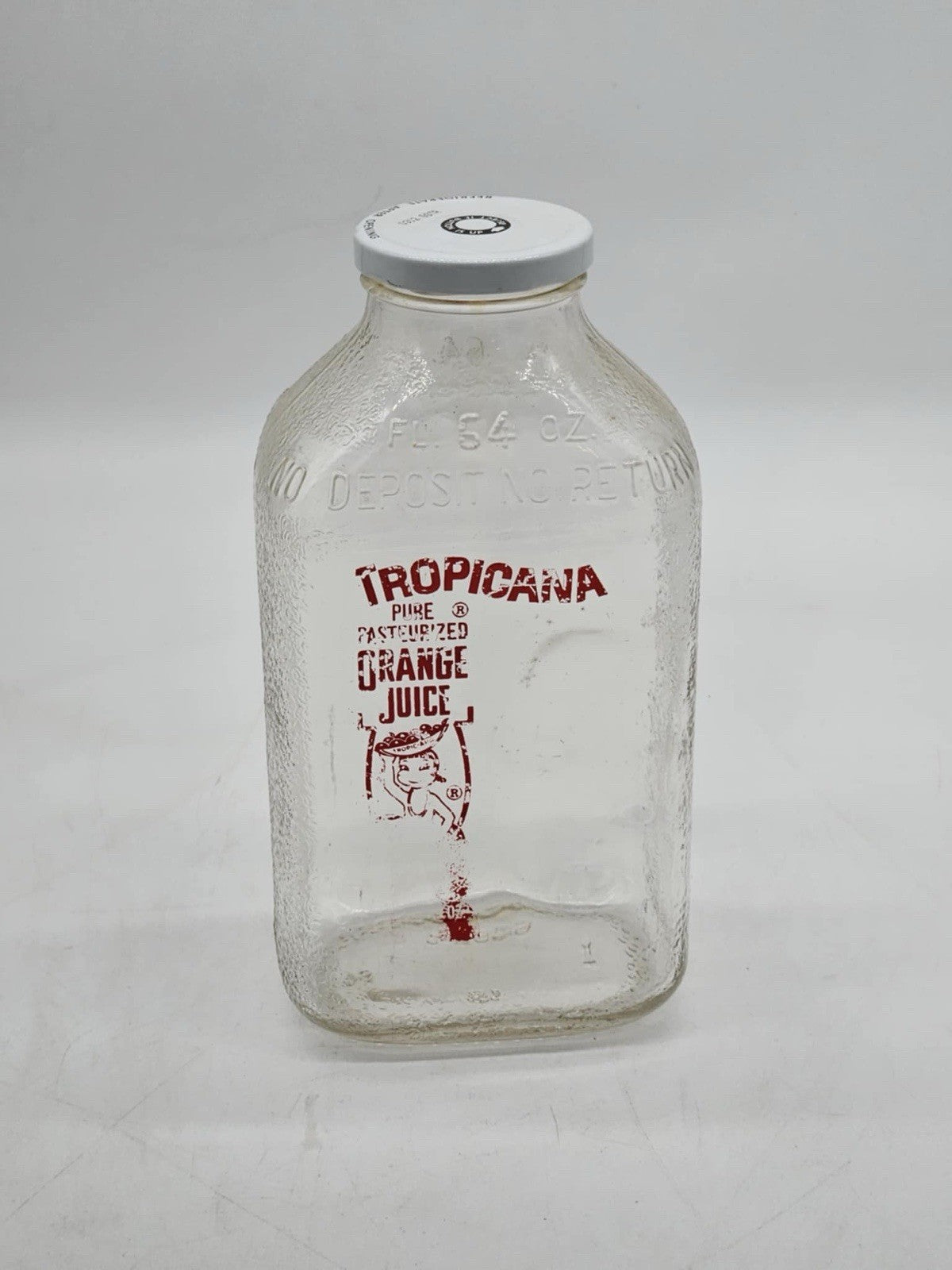 Tropicana Orange Juice Glass 54oz Bottle Vintage Made In USA Empty With Original