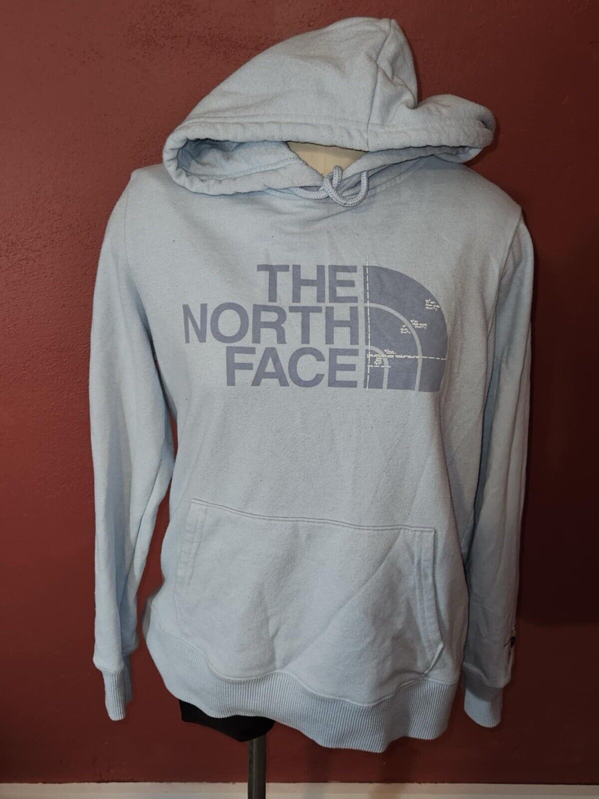 The North Face SpellOut Womens Hoodie Kangaroo Pocket Sz M Baby Blue