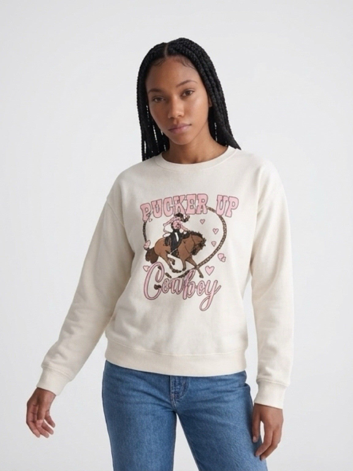 francesca's Cowboy Graphic Pullover Sweatshirt Ivory XS Crew Neck Knit