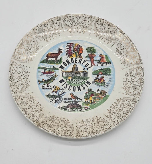 Vintage Wisconsin State Plate Porcelain Souvenir 9"  COLLECTOR PLATE USA