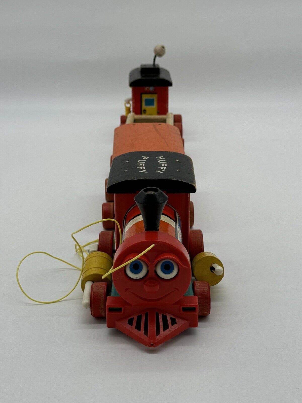 Original 1960s Fisher Price Vintage Huffy Puffy Wooden Train Set Pull Toy 4 Car