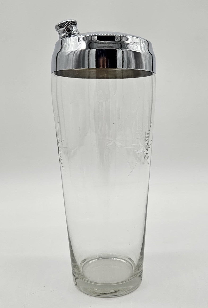 Vintage Etched Glass/Chrome Cocktail Shaker Mid-Century Starburst Barware 8.5"