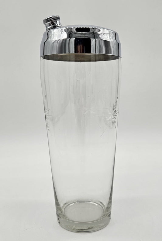 Vintage Etched Glass/Chrome Cocktail Shaker Mid-Century Starburst Barware 8.5"