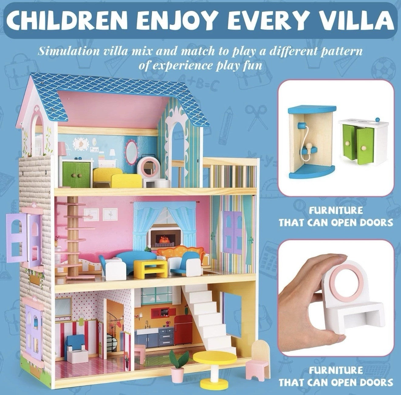 Wooden Dollhouse for Girls with Furniture & Accessories, Playset, Pretend Hou...