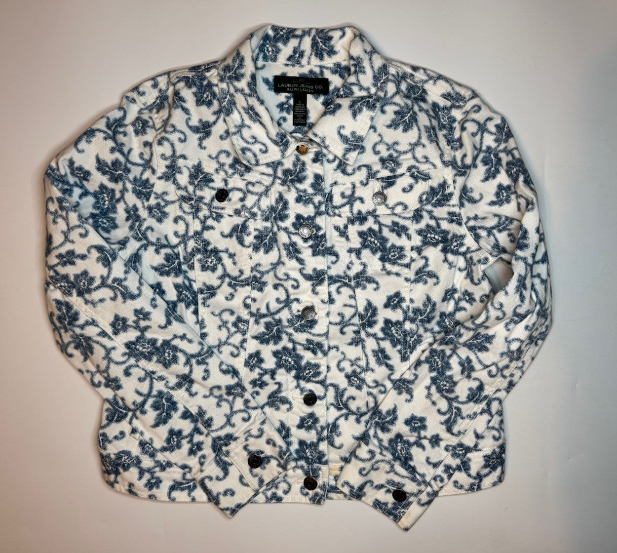 Ralph Lauren Jeans Co Jacket Women’s L White Blue Denim Button Up Floral