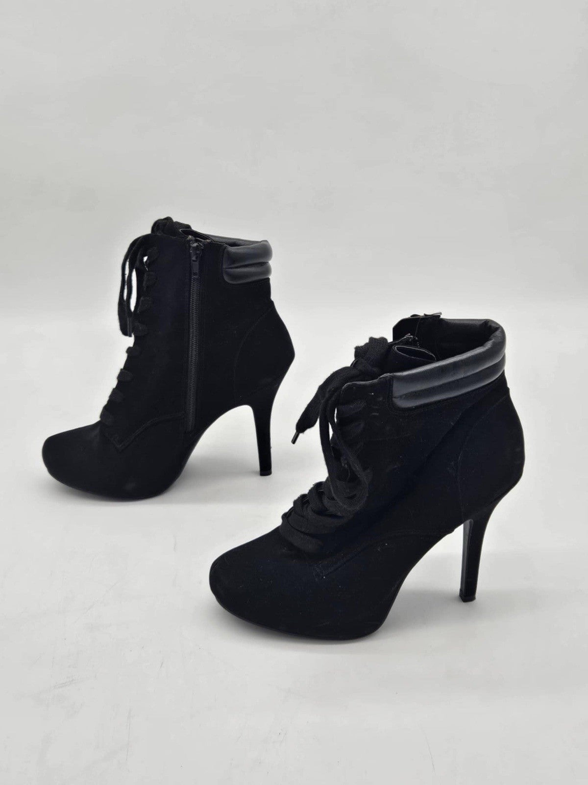 Andiamo High Heel Booties Black Size 9 Faux Suede Zipper Lace up Stiletto