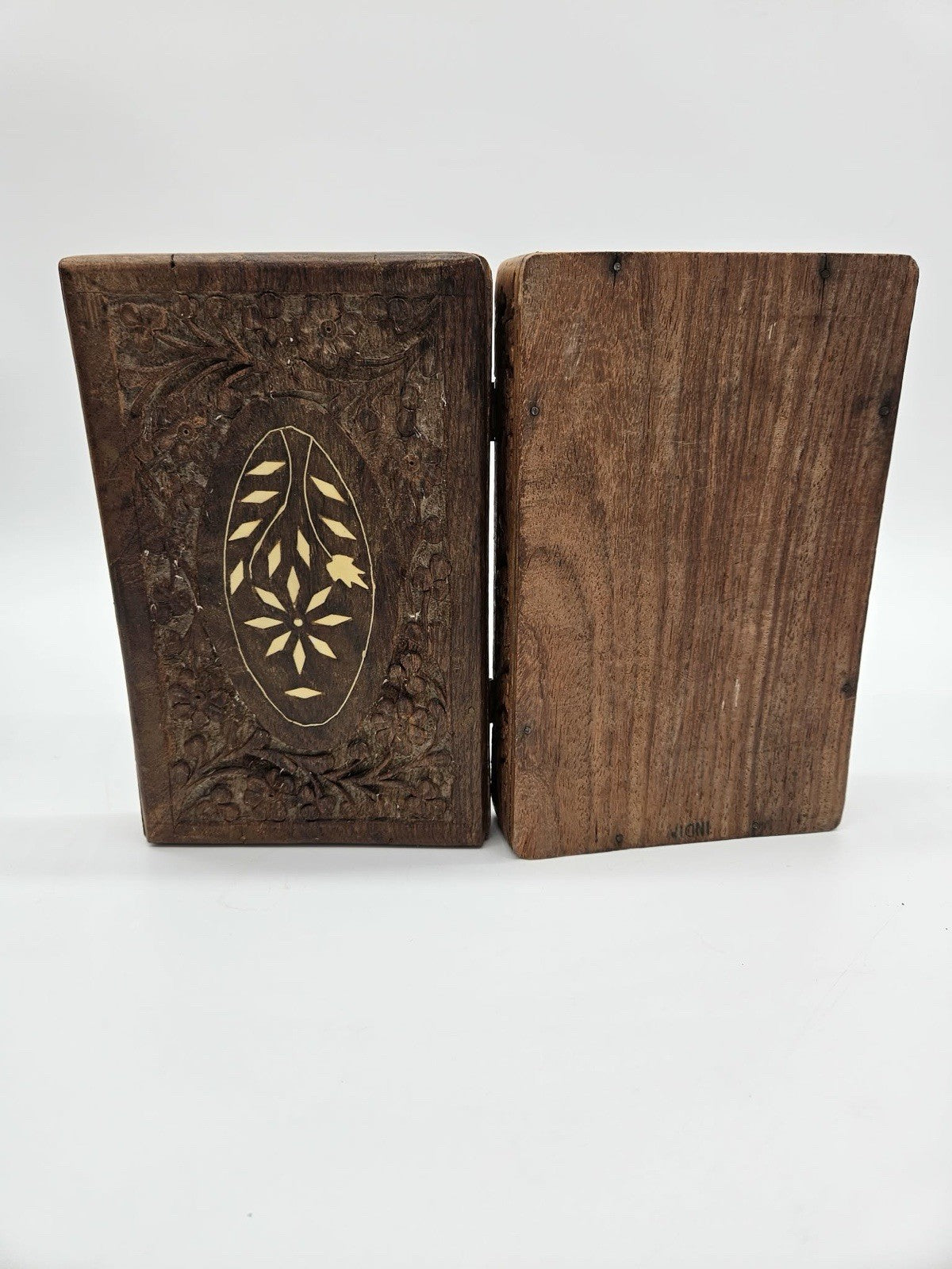 Vintage Solid Hand-carved wooden box With Brass Inlay Design In Center