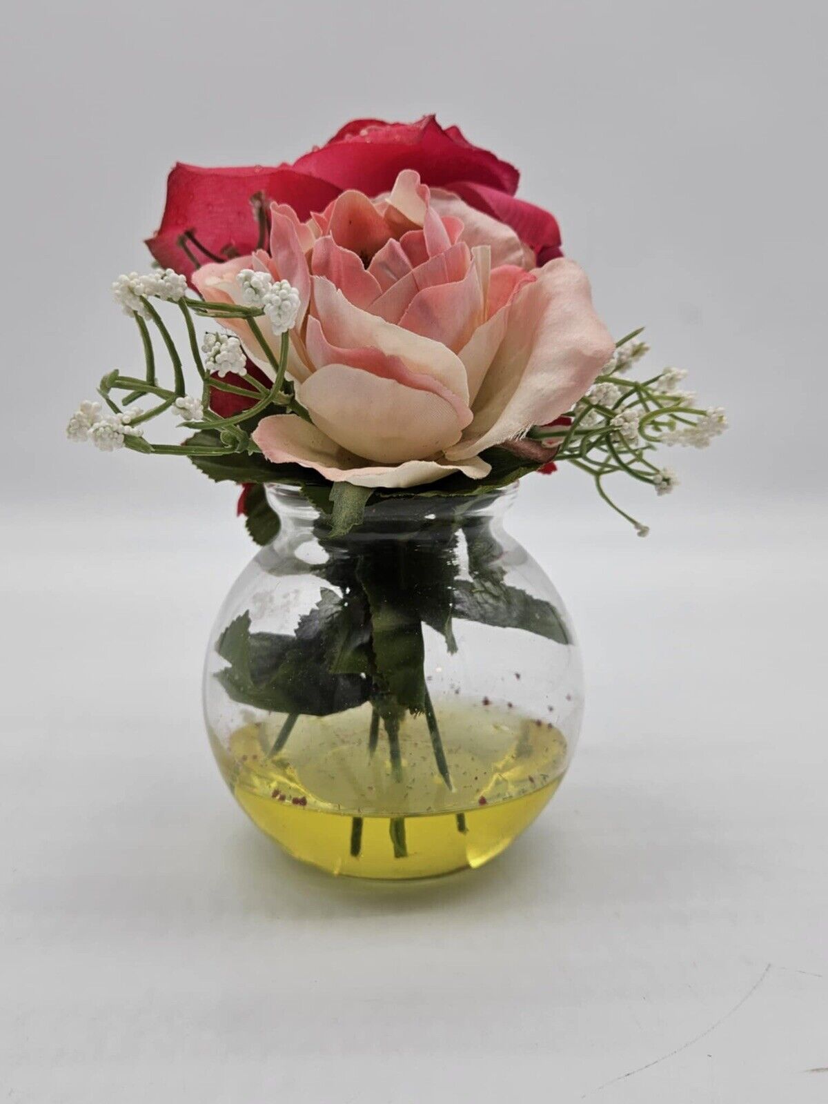 Flower Display Faux Pink Roses in Glass Rose Bowl Ornament Resin Water