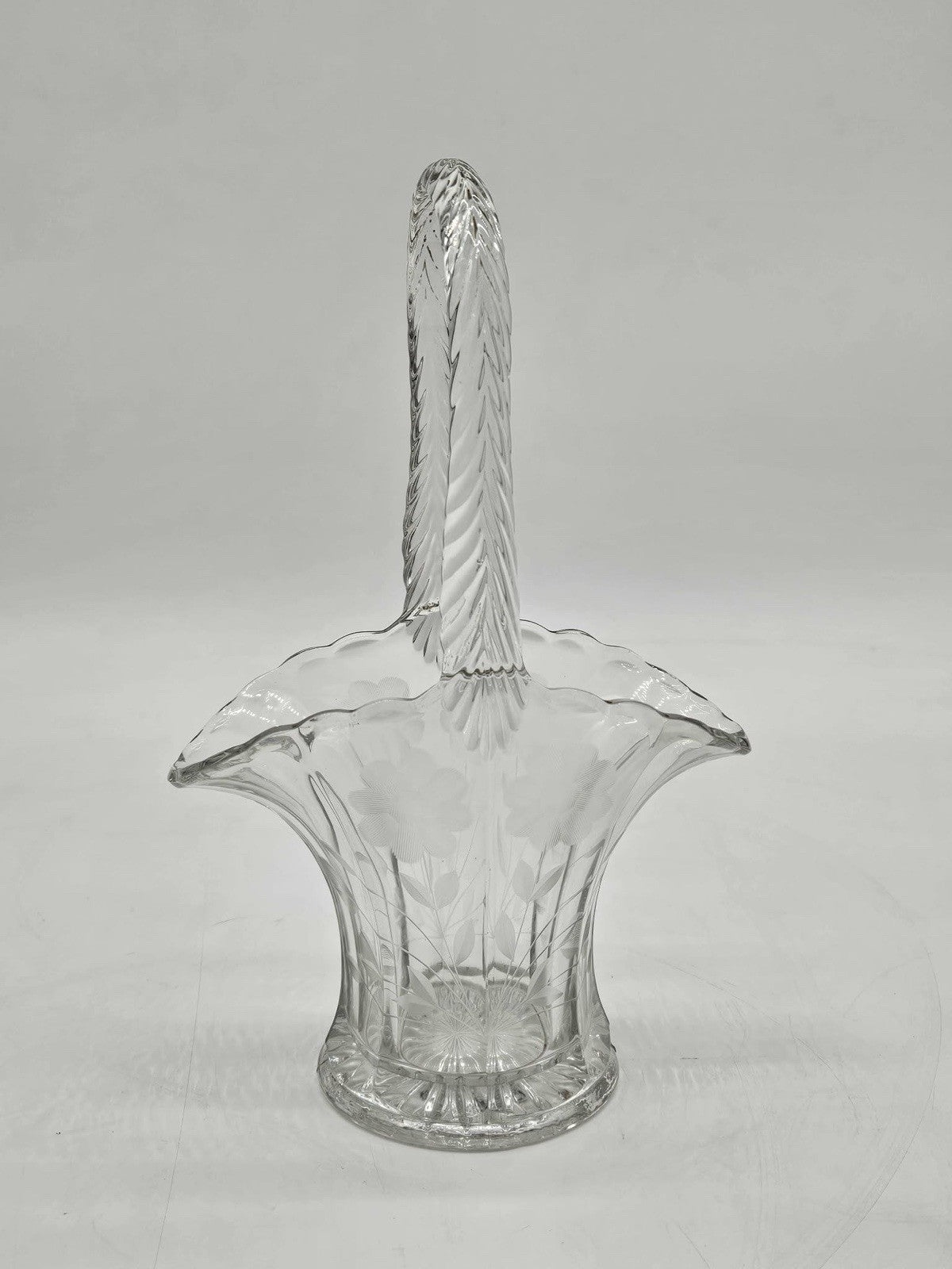 Vintage Clear Pressed Glass Basket with Etched Flowers