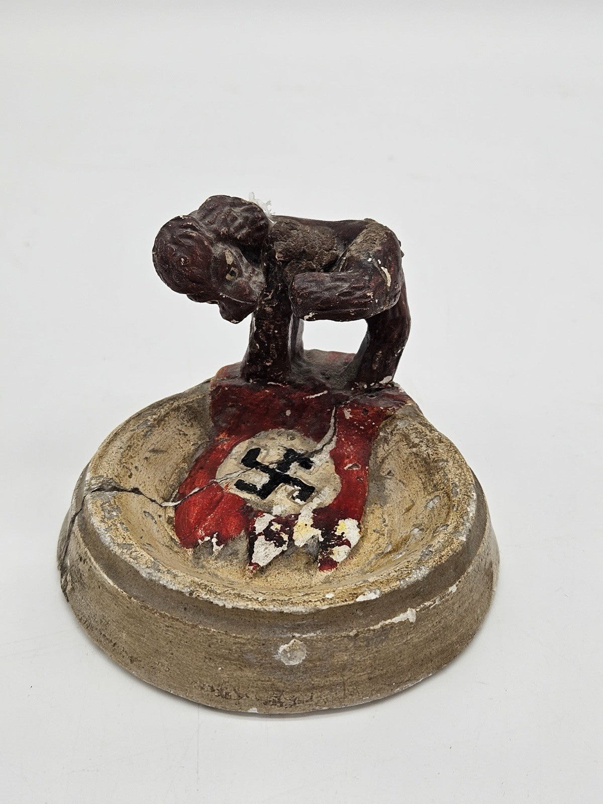 Vintage Folk Art Anti-Nazi Figural Ashtray WWII Era Satirical Piece