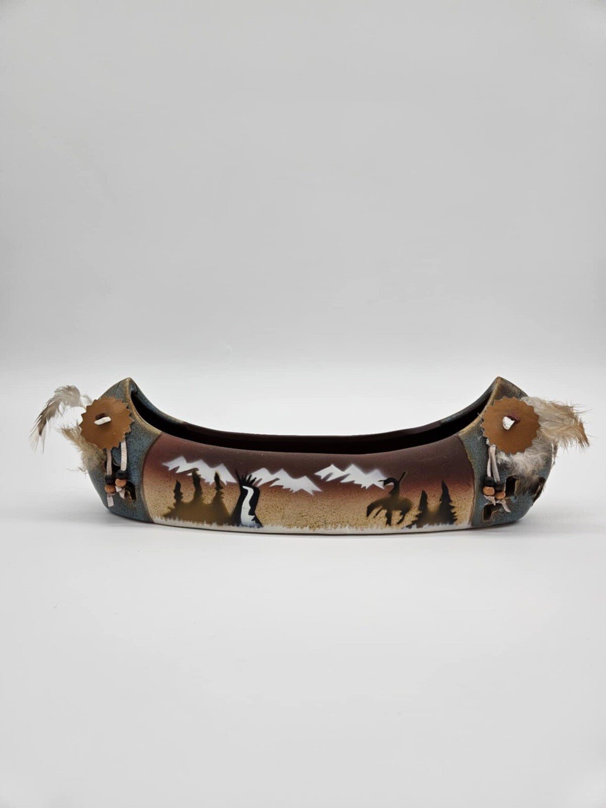 Vintage Navajo Art Hand Painted Cly Canoe w/ Feathers