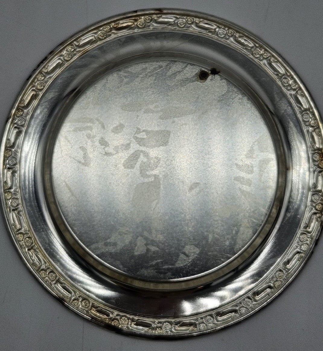 Vintage English Silverplate Round Serving Tray Pierced Gallery Rim 16"