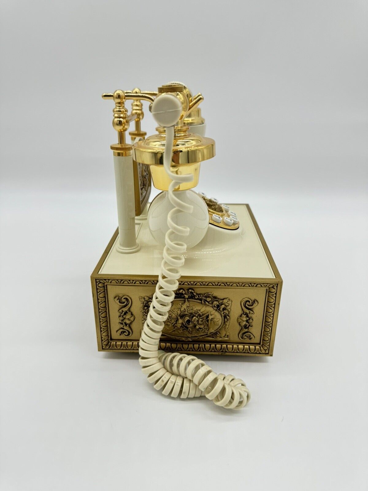VINTAGE Telephone reproduction, Brass, Button, Desk Phone, Ivory WORKING