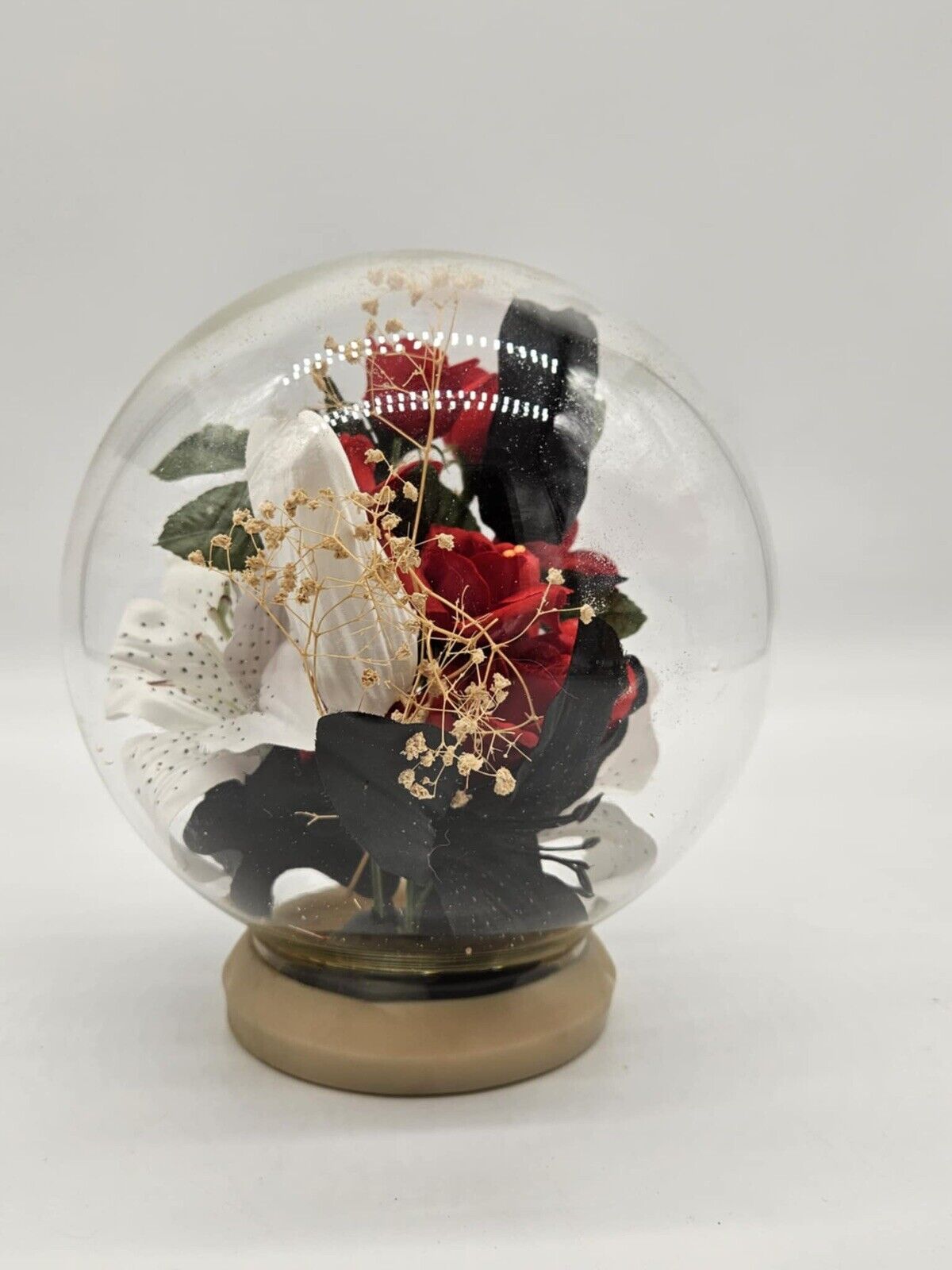 Vintage Floral Glass Globe Terrarium W/ Red Flower Centerpiece