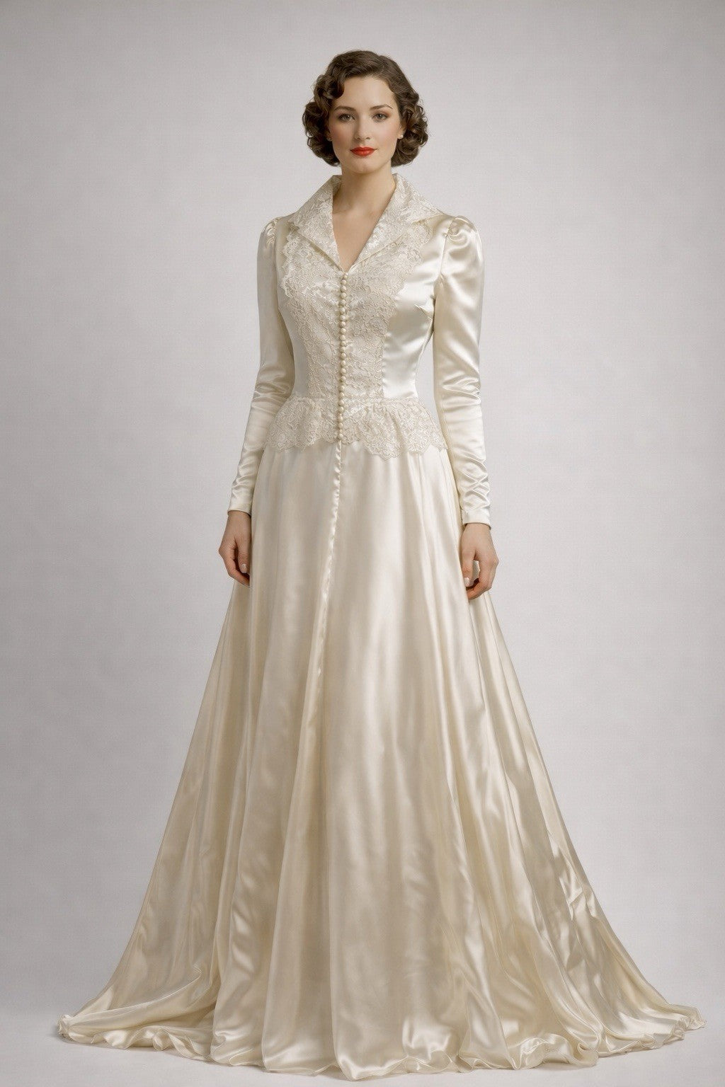 1930s Ivory Satin Wedding Dress Lace Bodice Long Sleeves Vintage Bridal Gown