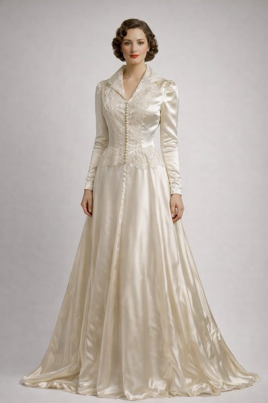 1930s Ivory Satin Wedding Dress Lace Bodice Long Sleeves Vintage Bridal Gown