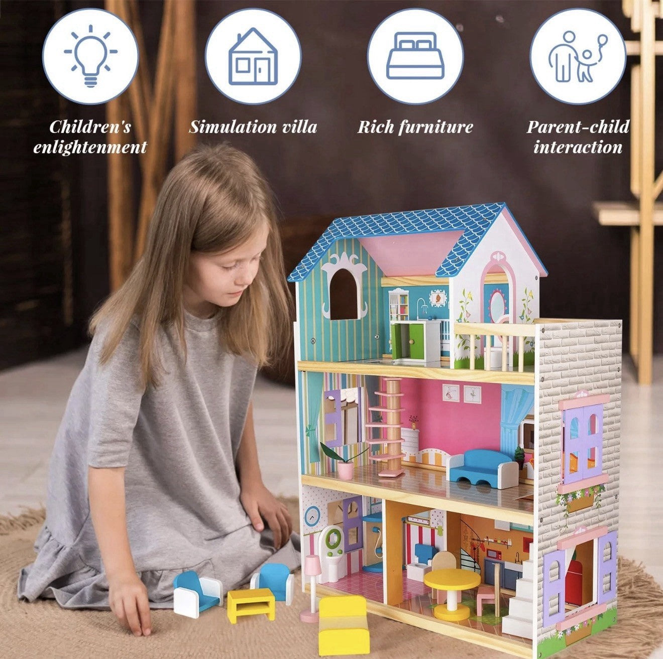 Wooden Dollhouse for Girls with Furniture & Accessories, Playset, Pretend Hou...