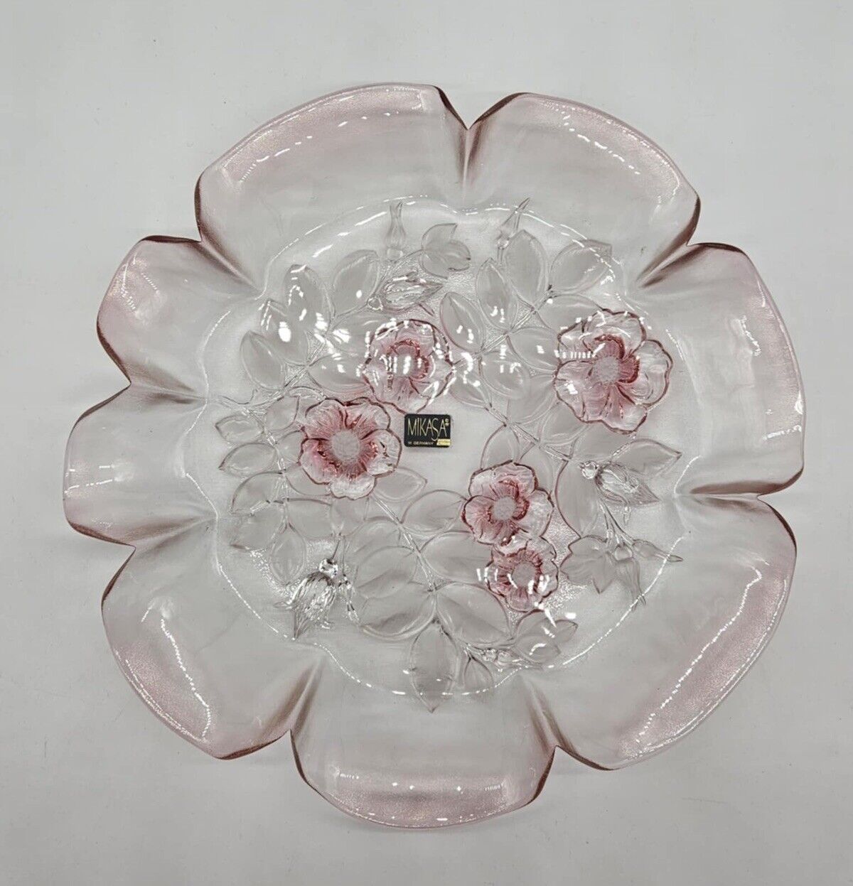 NEW Vtg Mikasa Rosella Ruffled Edge Pink Glass Tray Embossed Roses 13" x  1.5”