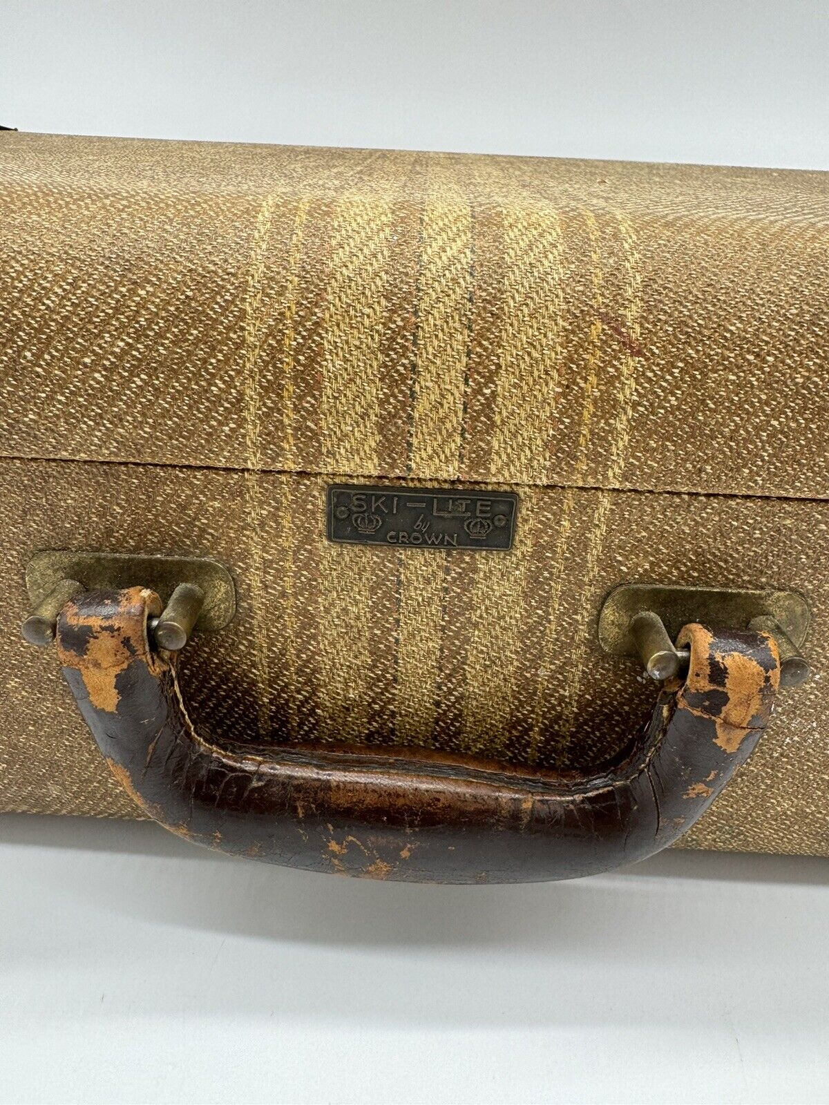 Vintage 1930-40s  Striped Suitcase By Crown W/Leather Trim