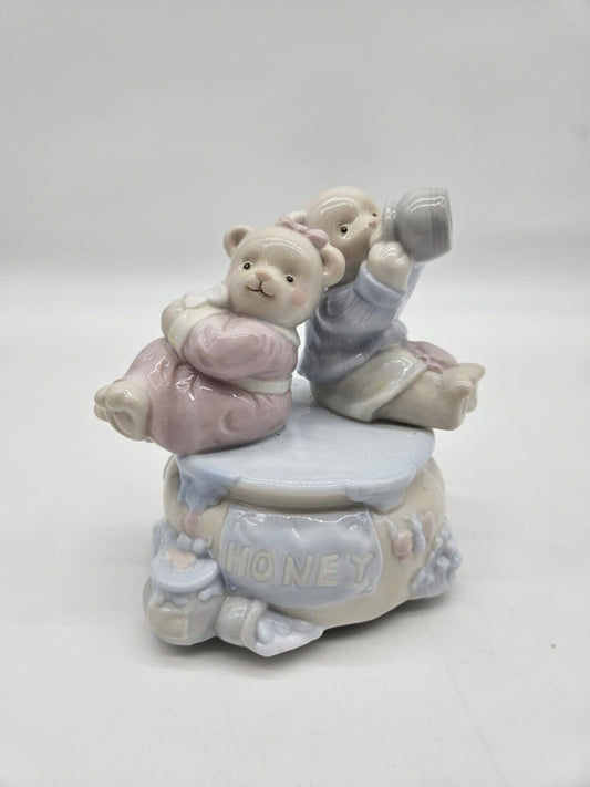 Vintage Baby Infant Honey Pot Porcelain Bear Cubs Music Box