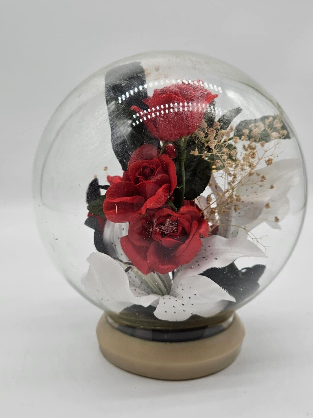 Vintage Floral Glass Globe Terrarium W/ Red Flower Centerpiece