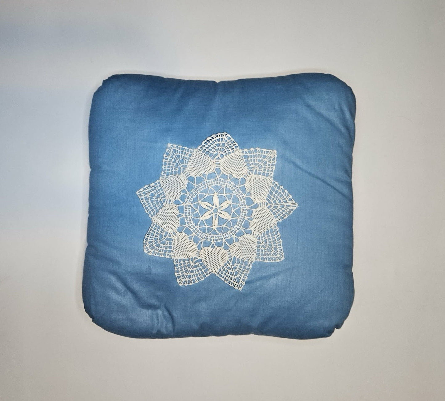 Blue Accent Pillow with White Lace Doily Appliqué 15x15
