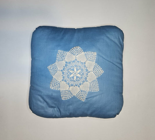 Blue Accent Pillow with White Lace Doily Appliqué 15x15