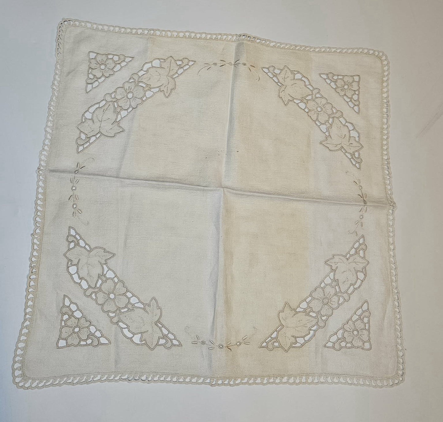 Vintage Linen Cutwork Table Topper Floral Embroidery Square Doily