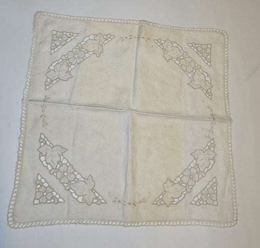 Vintage Linen Cutwork Table Topper Floral Embroidery Square Doily
