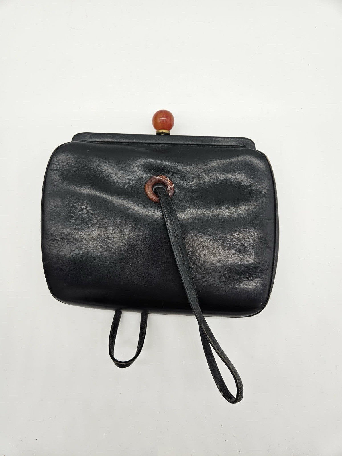 Vintage Black Leather Handbag Bakelite Ball Clasp Purse