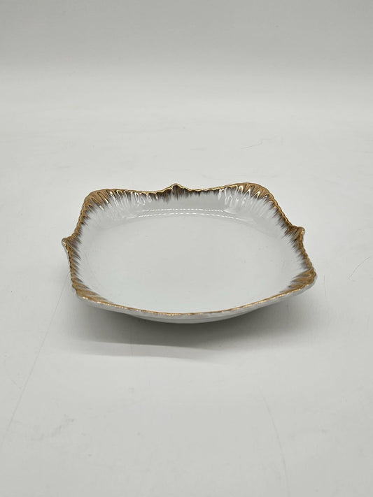 Nicole Miller Home  11” Square Elegant Gold & White Serving Dish Ruffle Edges