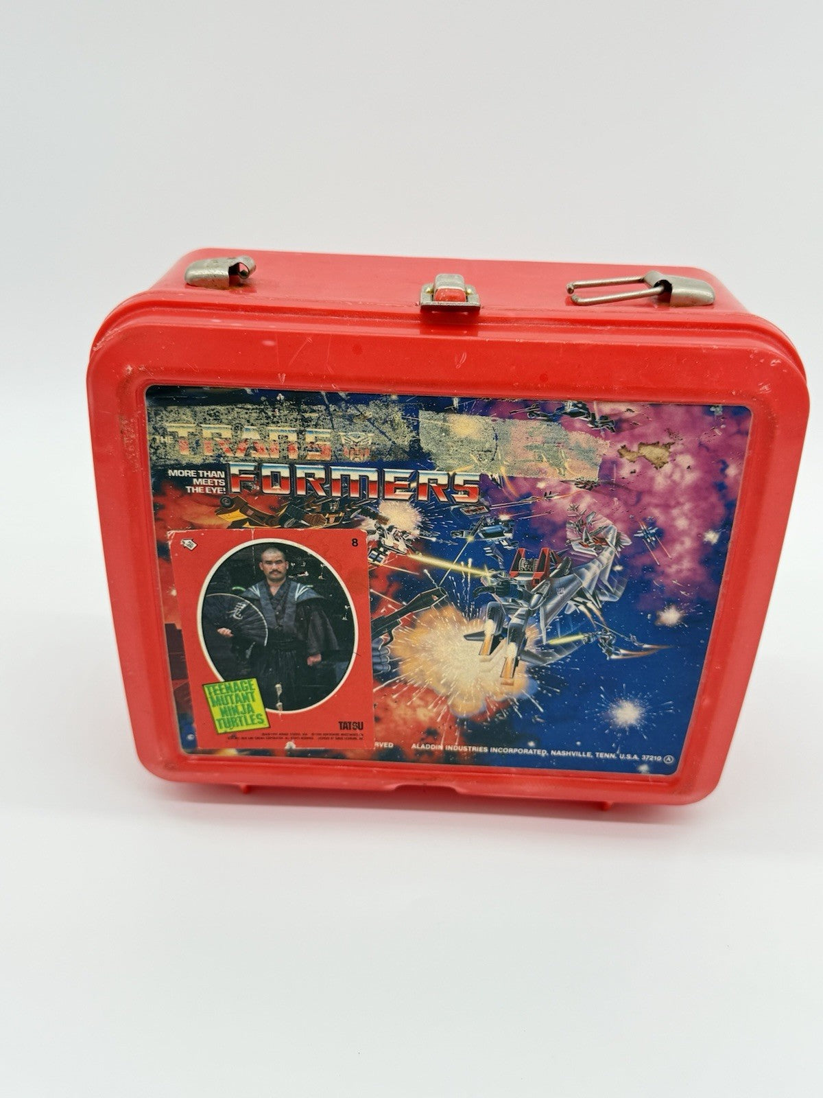 Vintage 1986 Aladdin Hasbro Transformers Lunch Box - TMNT Sticker on Front
