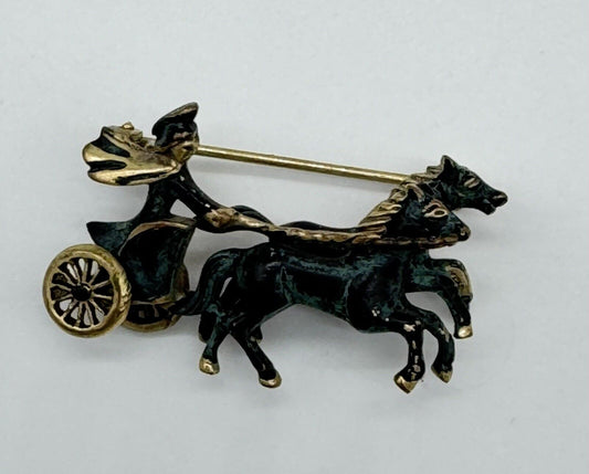 Vintage GoldTone Roman Horse and Chariot Damascene Pin Brooch marked Spain