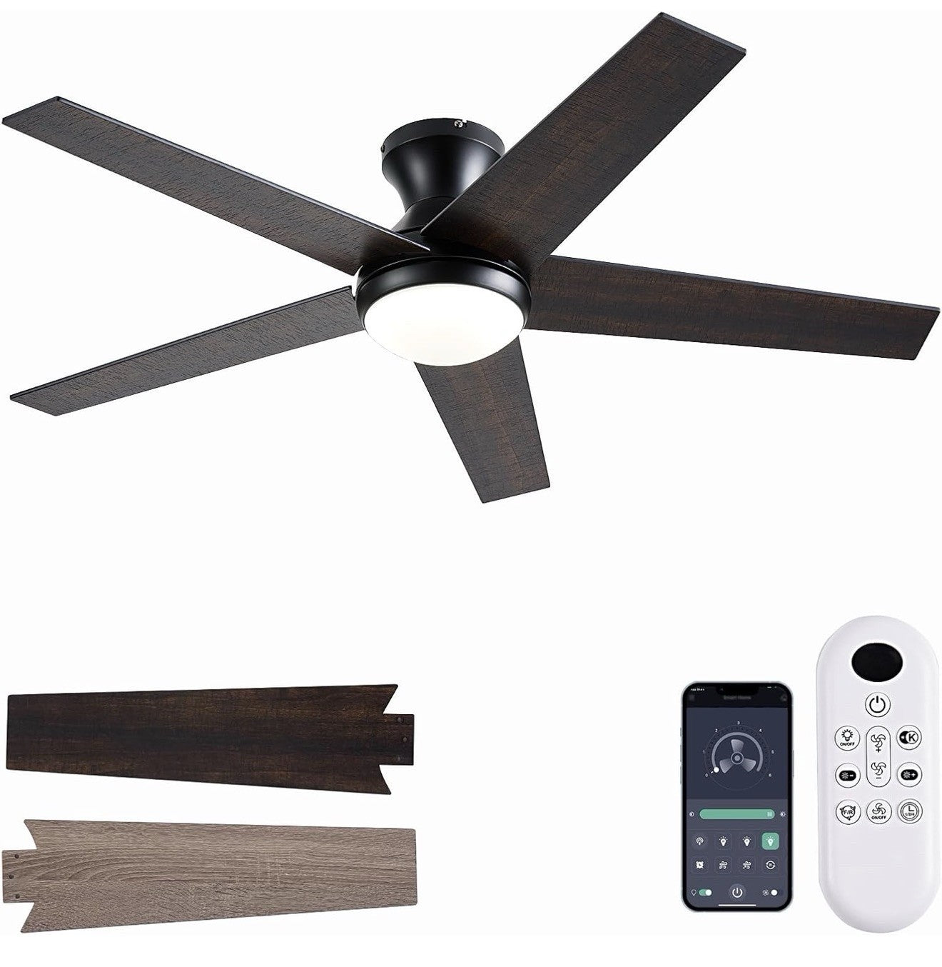 56Inch Black Ceiling Fans with Lights and Remote/App Control, Dimmable LED, Reve