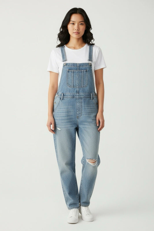 Lucky Brand Women’s Denim Overalls Light Wash Distressed Bib Pants Size L