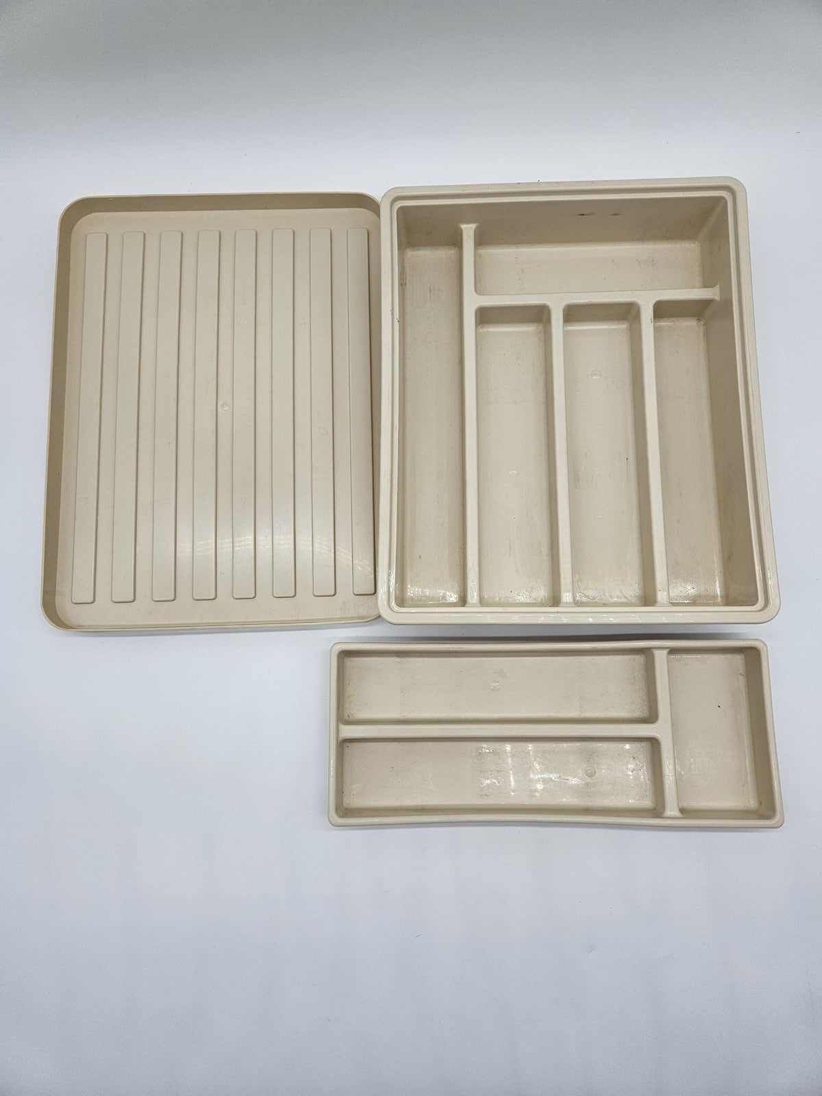 Vintage Beige Plastic Drawer Organizer Set Modular Desk Kitchen Utensil Tray