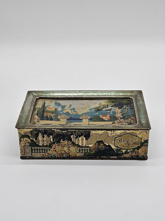Antique Vtg Deco Nouveau Artstyle Chocolate Company Metal Tin Candy Box A11