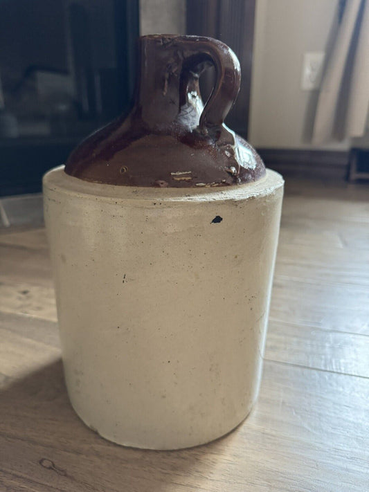 Antique Vintage 1/2 Gallon Stoneware Pottery Crock Jug Brown Cream - 9 " Tall